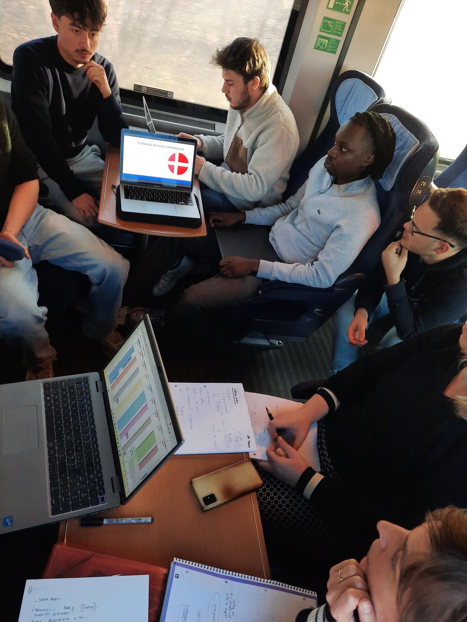 Étudiants et membres de l'EPHEC en déplacement en train dans le cadre d'une mobilité durable